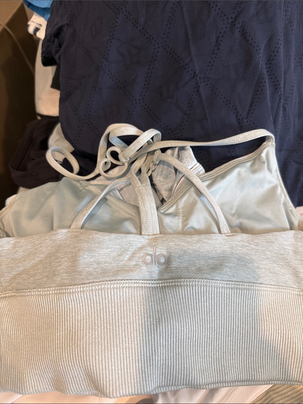 ALO Yoga Heather Gray Strappy Ribbed-Band Sports Bra - Picture 2 of 3